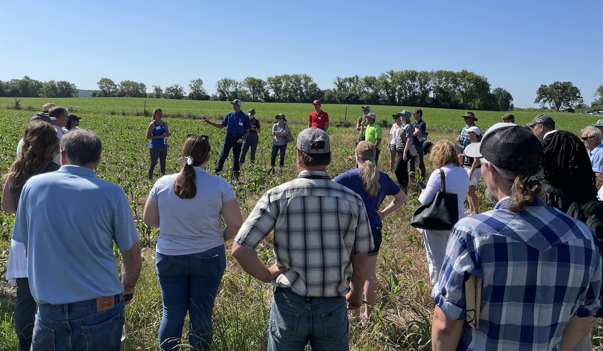 Group of people in a farm field at a field day